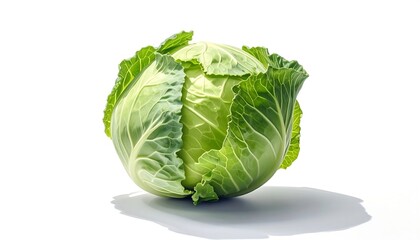A close-up shot of a fresh, round, green cabbage against a pristine white background with shadows
