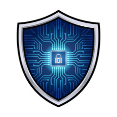 advanced digital security shield with central lock and circuit board pattern symbolizing network protection