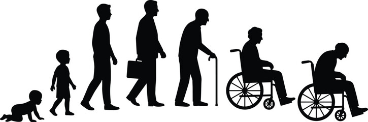 Fototapeta premium Human life cycle silhouette from baby to elderly in wheelchair, black and white illustration showing aging, growth, disability, and life journey