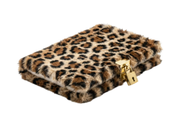 Leopard print fuzzy diary with gold padlock isolated. Secret journal notebook.