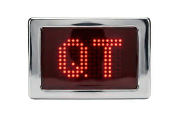 Chrome digital LED belt buckle with red scrolling text. Clubwear accessory.