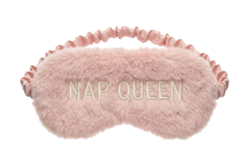 Pink fluffy fur sleep mask with nap queen embroidery. Beauty relaxation accessory.