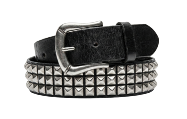 Black leather studded belt with pyramid studs. Punk rock fashion accessory.