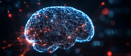 3D human brain hologram hovering above a digital grid, neural signals flowing like energy waves, futuristic medical interface UI elements, blue and purple color palette