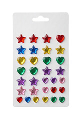 Sheet of stick-on jewel earrings isolated. Kids adhesive gem accessories.