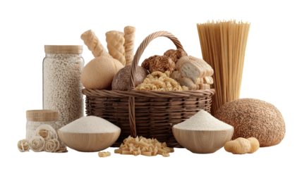 Basket of carbohydrate-rich foods pasta, breads, flour, rice, on black