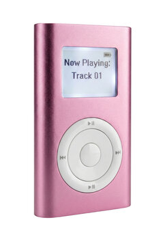 Pink metallic digital music player isolated. Retro mp3 technology device.