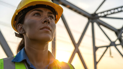 Confident Female Civil Engineer in Hard Hat and Safety Vest at Sunset