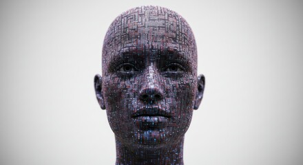 Digital construct of a human head composed of intricate circuit patterns against a soft background