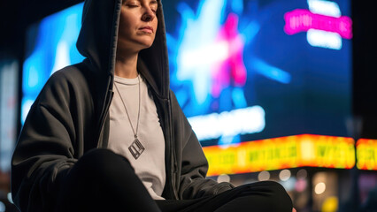 Woman Meditating in Hooded Sweatshirt Against Neon City Lights Night