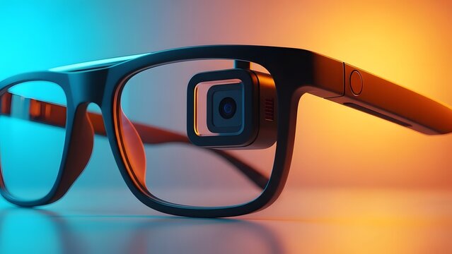 Black Smart Glasses With Camera And Button On Colorful Gradient Background smartglasses