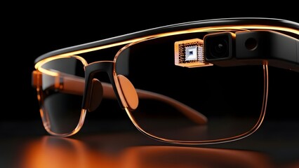Goldframed smart glasses with camera and sensor on black background