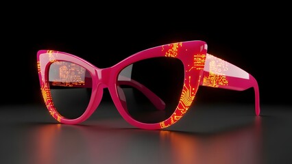 Pink Sunglasses with Circuit Pattern on Black Background futuristic
