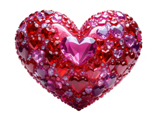 A large 3D heart made of thousands of small crystal hearts,white background
