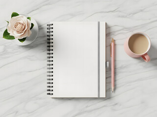 Blank spiral notebook on luxury marble background with rose
