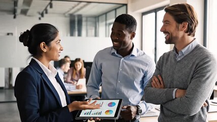 Realistic stock video of a diverse startup team discussing data on a digital tablet in a modern office, subtle camera movement, professional business environment, natural lighting, cinematic style, 4K - Powered by Adobe