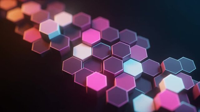A 3D rendered image of a flow of colorful hexagonal prisms, set against a dark background