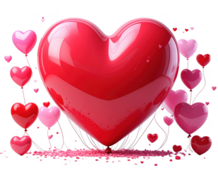 Giant 3D red heart balloon surrounded by smaller pink ones, white background.