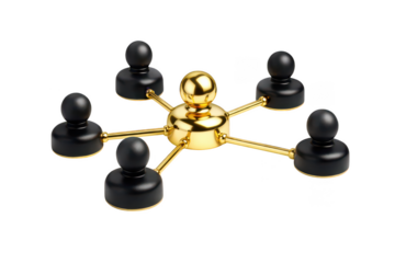 Network hub icon on transparent background, gold and black 3d connection nodes, technology communication symbol for web and app design
