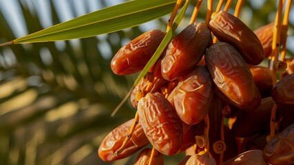 ripe dates hanging on palm tree. Generative AI. 