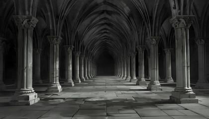 Sunlight streams through the ancient stone arches and historic columns of this medieval cathedral interior, highlighting the gothic architecture and religious history of the majestic European corridor