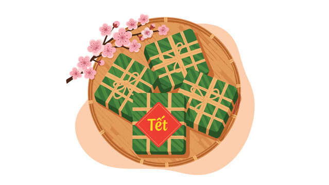 A top-down view of traditional Vietnamese chung cakes wrapped in banana leaves for the Tet holiday, arranged on a tray with peach blossoms.
