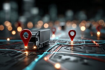 A truck with a red dot on it is on a map with two other dots. background transportation concept.