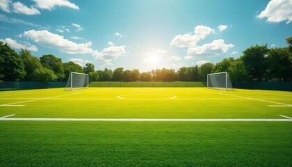 Vast green playing field with crisp white boundary lines and goal frames under a bright sky, ready for action,  challenge,  energy