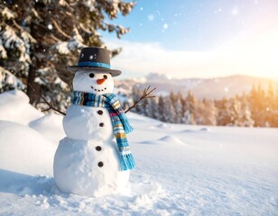 Obraz premium Charming snowman with a hat and scarf in a winter wonderland