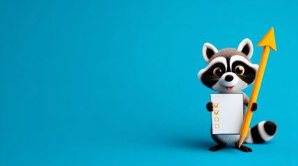Obraz premium Raccoon holding checklist and large yellow arrow on blue background, symbolizing goal setting and progress with cheerful expression