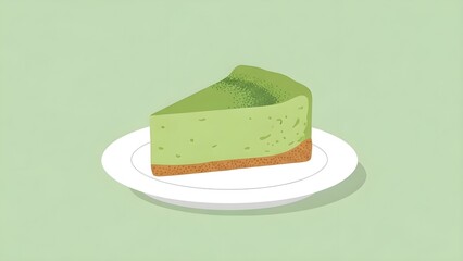 Flat Style Plate of Matcha Green Tea Cheese Cake Slice, Pastel Green Backdrop