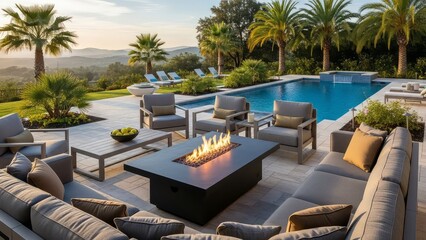 Luxurious outdoor living area with a sparkling swimming pool and hot tub overlooking rolling hills at sunset with a modern fire pit and comfortable seating with luxury