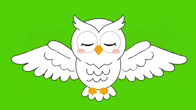 A sweet cartoon white owl with lovely golden eyes sits perched with slightly folded wings, maintaining a calm demeanor on a green screen.