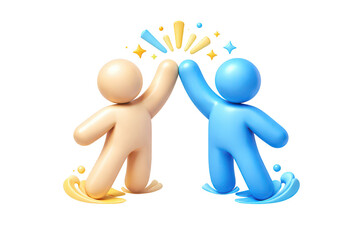 3d high five characters on transparent background, glossy blue and beige 3d people, teamwork celebration icon for business success, partnership and collaboration design
