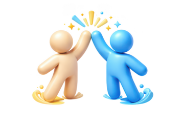 3d high five characters on transparent background, glossy blue and beige 3d people, teamwork celebration icon for business success, partnership and collaboration design
