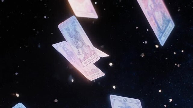 Animated tarot cards drift in a starry void, with details in light colors