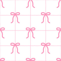 Pink Bow Grid Seamless Pattern. Soft pink seamless pattern featuring bows arranged in a grid, ideal for romantic and feminine backgrounds