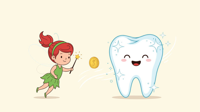 A cute cartoon of the tooth fairy with a magic wand giving a gold coin to a happy, sparkling clean tooth character for dental care.
