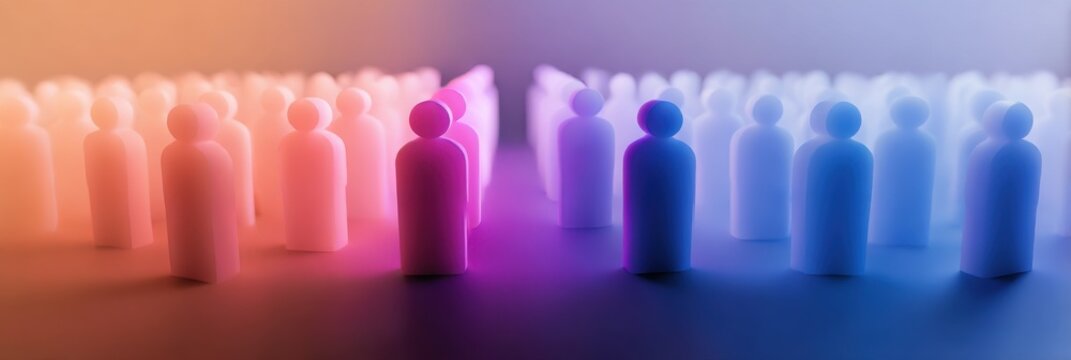 Two Groups of Abstract Figures Divided by Color Gradient Pink and Blue Tones