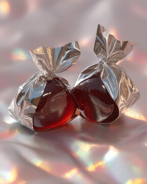 Plasma ripple candy, with holographic swirls, held by a crystalline hand with radiant facets, set in a zero-gravity dining pod, underlit with prismatic highlights, in iridescent purples and silvery