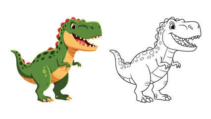 A happy green cartoon Tyrannosaurus Rex dinosaur shown in full color and as a black and white line art version for a children's coloring page. © Tawka