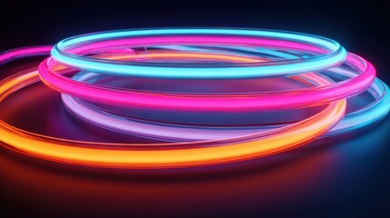 Vibrant Neon Light Rings Swirling in a Dark Abstract Background with Glowing Orange and Blue Hues