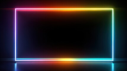 Vibrant Neon Rectangle Frame Glowing With Rainbow Colors On Dark Reflective Surface And Black Background