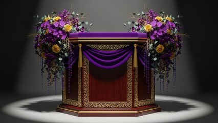 Luxurious wedding altar with purple and gold decorations
