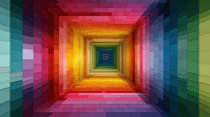 Vibrant Rainbow Pixel Tunnel With Colorful Geometric Pattern And Diminishing Perspective Illusion