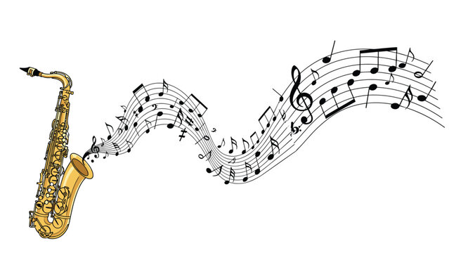 A golden saxophone with a flowing stream of musical notes and symbols coming out of its bell, creating a dynamic melody illustration.