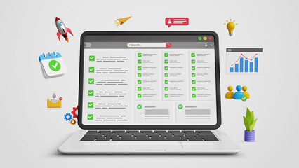 Evaluation concept, Assessment Analysis, Performance, Tracking, Benchmarking, Improvement, Results, Review and Feedback. Online survey, Analytical report, quality rating on 3D Laptop