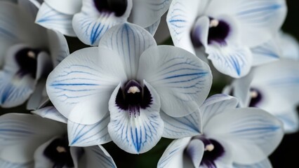 Beautiful white orchid flowers with blue stripes and purple center