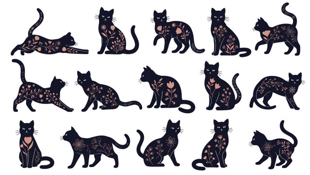A beautiful collection of black cats in various poses, each decorated with an elegant pink and beige floral folk art pattern.