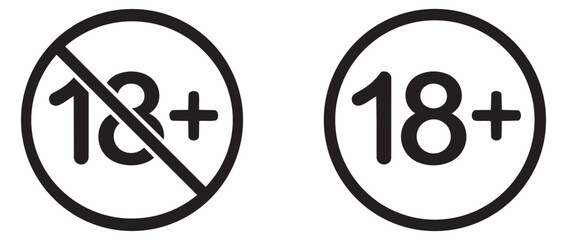 Line art age restriction icon set featuring allowed and forbidden 18 plus symbols for digital content and services